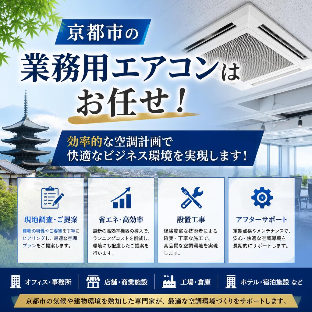 京都市の業務用エアコンはお任せ！\n効率的な空調計画で快適なビジネス環境を実現します！